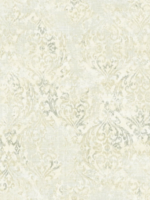 Distressed Damask Wallpaper In Luster From The Nouveau Collection By Wallquest