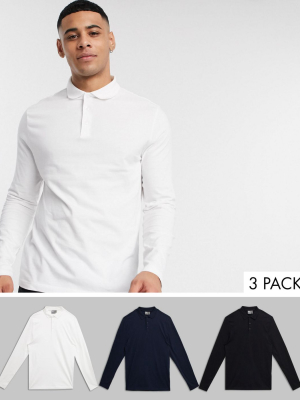 Asos Design 3 Pack Organic Long Sleeve Jersey Polo