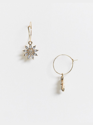 Asos Design Hoop Earrings With Crystal Daisy Charm In Gold Tone