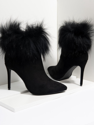 Black Suede & Fur Trim Stiletto Booties