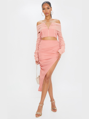 Salmon Woven Ruched Side Asymmetrical Midi Skirt