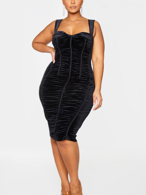 Plus Black Velvet Ruched Detail Midi Dress