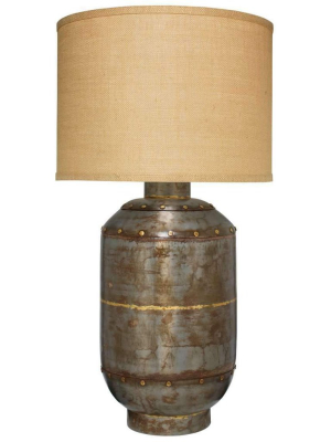 Caisson Table Lamp, Extra Large In Gun Metal With Large Drum Shade In Natural Burlap