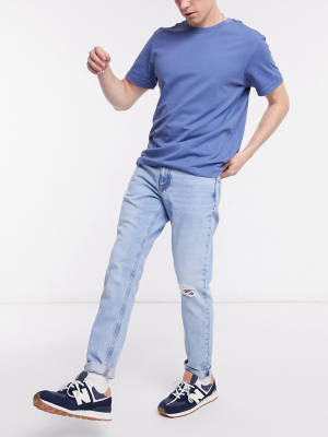 Asos Design Slim Jeans In Mid Stone Wash Blue With Abrasions