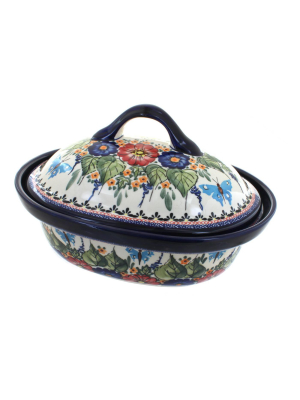 Blue Rose Polish Pottery Floral Butterfly Roaster With Lid