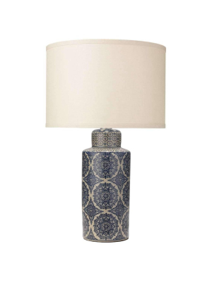 Delilah Table Lamp In Blue With Medium Drum Shade In Stone Linen