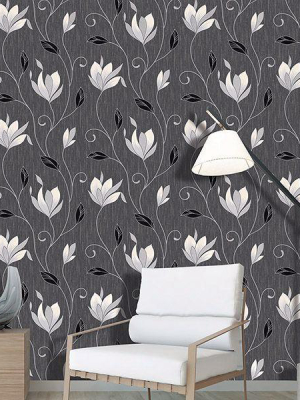 Gallagher Floral Trail Wallpaper In Charcoal By Brewster Home Fashions