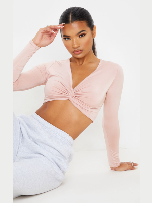 Rose Slinky Twist Front Long Sleeve Crop Top