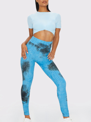 Blue Textured Tie Dye High Waist Gym Legging