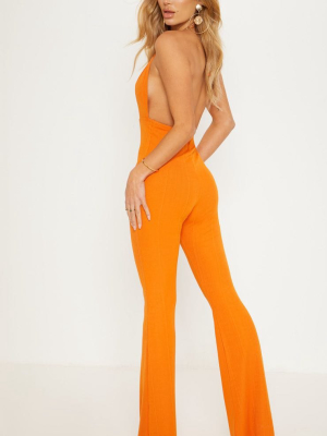 Orange Bandage Plunge Flared Leg Jumpsuit