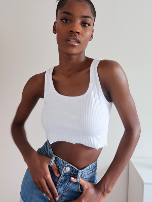 White Thick Rib Raw Hem Scoop Crop Top