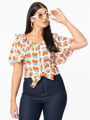 Retro Style Cream & Red Floral Print Kathleen Crop Blouse