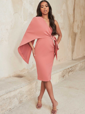 One Shoulder Cape Midi Dress In Rose Pink