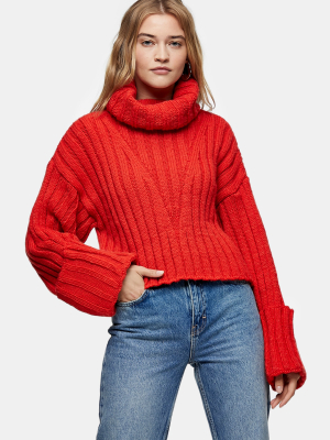 Orange Red Turnback Cuff Knitted Sweater