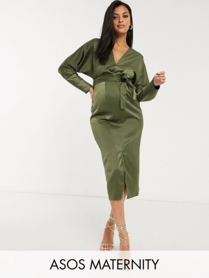 Asos Design Maternity Midi Dress With Batwing Sleeve And Wrap Waist In Satin In Khaki