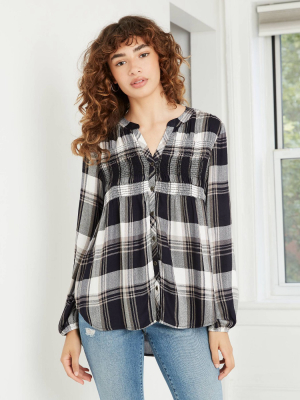 Women's Plaid Long Sleeve Button-down Shirt - Knox Rose™ Navy/white