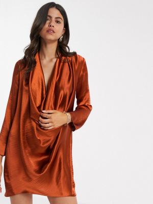 Asos Design High Shine Satin Cowl Neck Mini Shift Dress In Rust