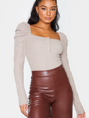 Taupe Textured Rib Puff Long Sleeve Bodysuit