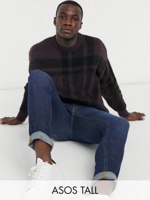 Asos Design Tall Oversized Textured Check Sweater In Burgundy