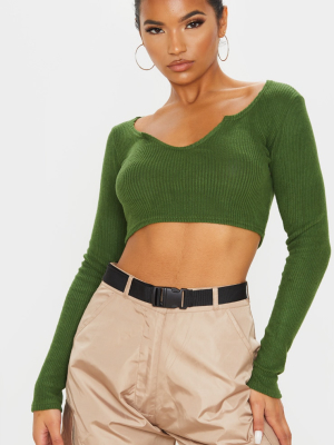 Olive Khaki Brushed Rib V Detail Crop Top