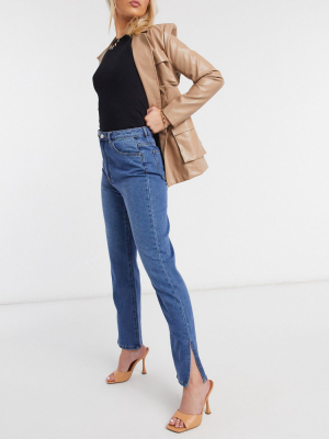 Missguided High Waisted Wrath Straight Leg Jean With Split Hem In Blue