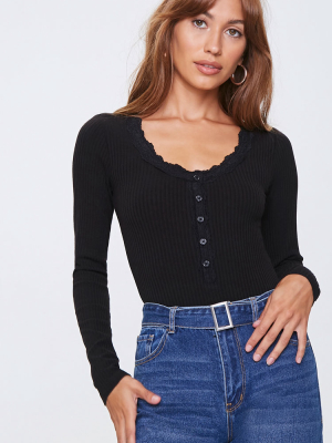 Ribbed Lace-trim Bodysuit