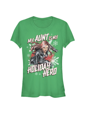 Junior's Marvel Black Widow Aunt Holiday Hero T-shirt