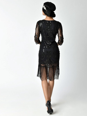 Unique Vintage Black Beaded & Sequin Margaux Sleeved Fringe Cocktail Dress