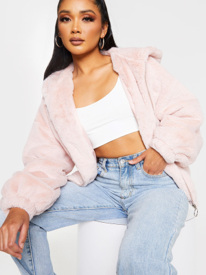 Pink Faux Fur Balloon Sleeve Hooded Jacket