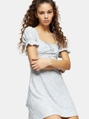 Blue Puff Sleeve Printed Mini Flippy Dress