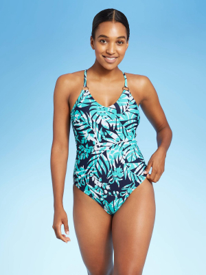 Women's Ring Detail Loop Back Palm Modern One Piece Swimsuit - Kona Sol™ Blue