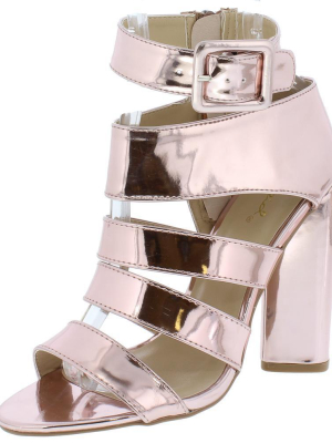 Lyra25 Rose Pink Patent Open Toe Multi Strap Block Heel