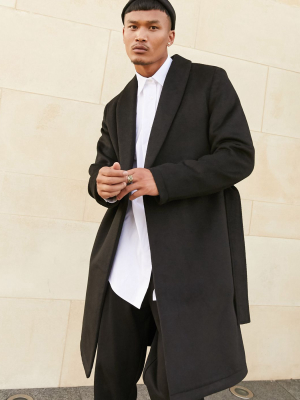Asos Design Wool Mix Overcoat With Belt In Black
