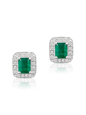 Effy Brasilica 14k White Gold Emerald And Diamond Stud Earrings, 1.11 Tcw