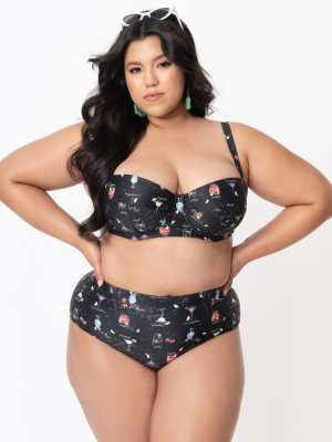 Collectif Plus Size Black & Cocktail Menu Print Balcony Swim Top