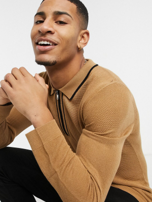 Topman Long Sleeve Polo With Tipping In Camel