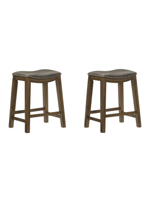 Homelegance 24" Counter Height Wooden Saddle Seat Barstool, Gray Brown (2 Pack)