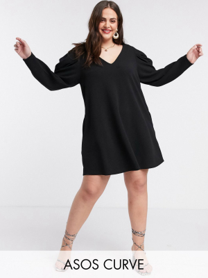 Asos Design Curve Mini Swing Dress With V Neck And Pleated Sleeve In Black