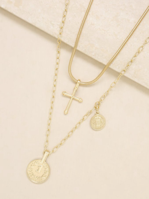 Keep The Faith 18k Gold Plated Cross And Coin Necklace Set