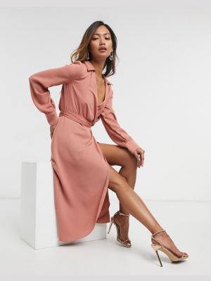 Asos Design Collared Wrap Midi Dress With Tie Belt In Teracotta