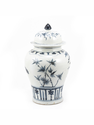 Indigo Porcelain Temple Jar, Plants Motif