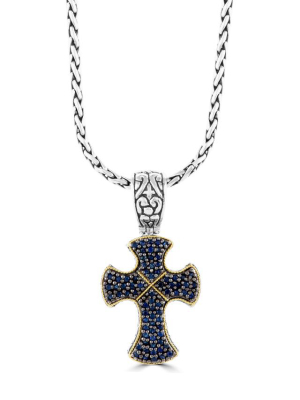 Effy Sterling Silver & 18k Gold Blue Sapphire Cross Pendant, 0.88 Tcw