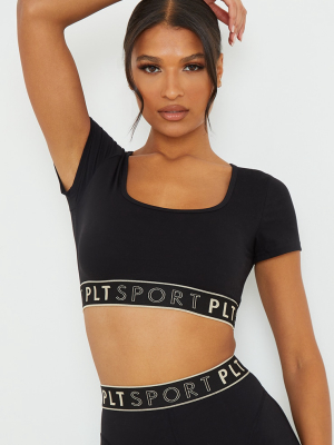 Black Square Neck Cropped Gym Tshirt