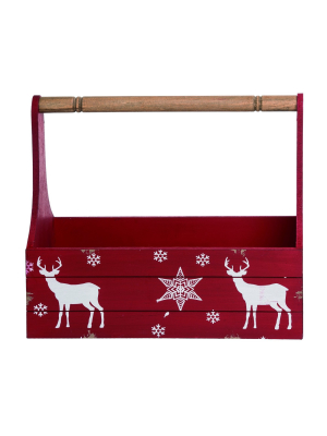 Transpac Wood 15 In. Red Christmas Panel Nordic Reindeer Container