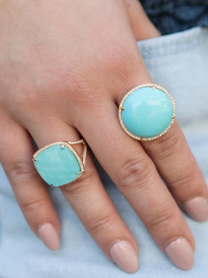14kt Yellow Gold Diamond Turquoise Round Cocktail Ring