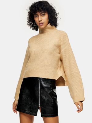 Camel Cropped Funnel Neck Knitted Sweater