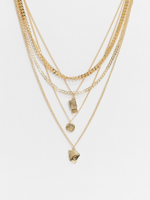 Asos Design Layered Neckchain Pack With Charms In Gold Tone