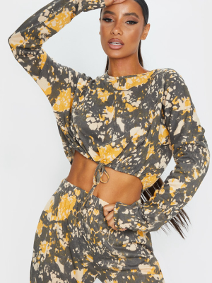 Brown Tie Dye Printed Tie Hem Cropped Sweater