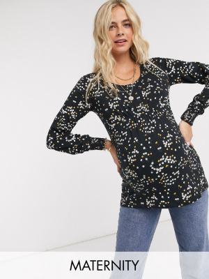 Mamalicious Maternity Long Sleeve Top In Black Ditsy Floral