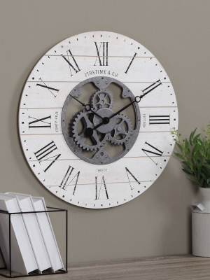 24" Shiplap Gears Wall Clock Whitewashed Wood - Firstime